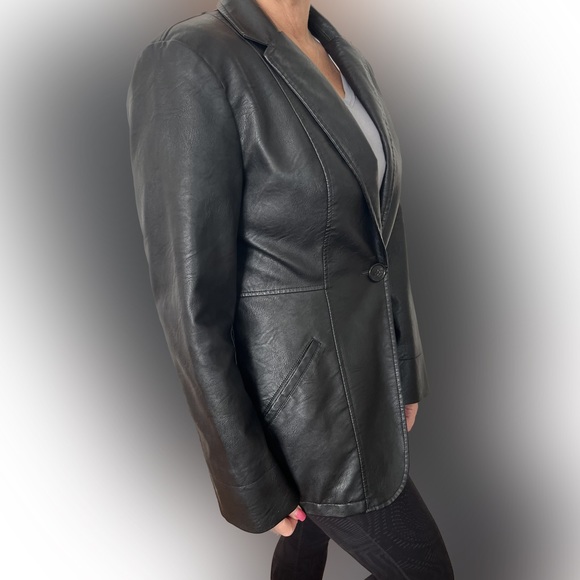 Max Studio Faux Leather Blazer, Size L, Black, Notch Collar,Welt Pockets - Picture 3 of 7